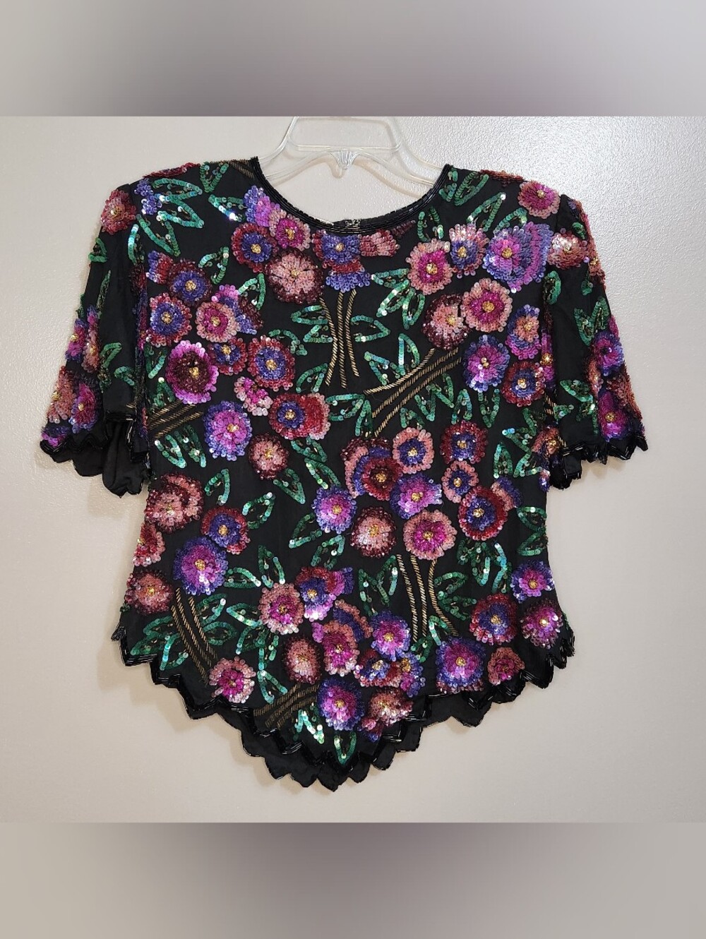 Vintage Laurence Kazar Floral Sequin  Silk Blouse Size PXL